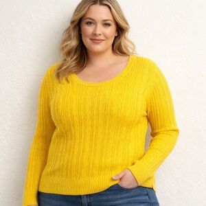 Yellow Cable Knit Scoop Neck Sweater Organic Cotton XL 16/18 Soft Classic